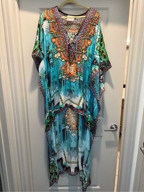 ASA Kaftans Turquoise Multicolor Printed Hi/Low Kaftan